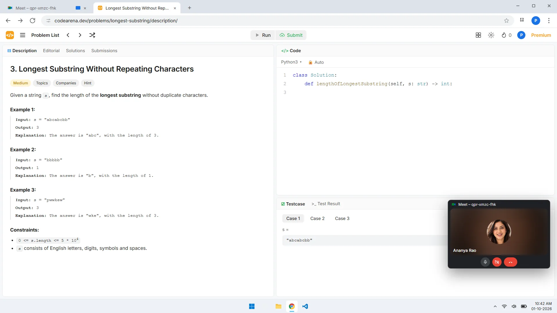 The same shared screen as the interviewer sees it: the coding problem and the call, with no ClearMyRound panel