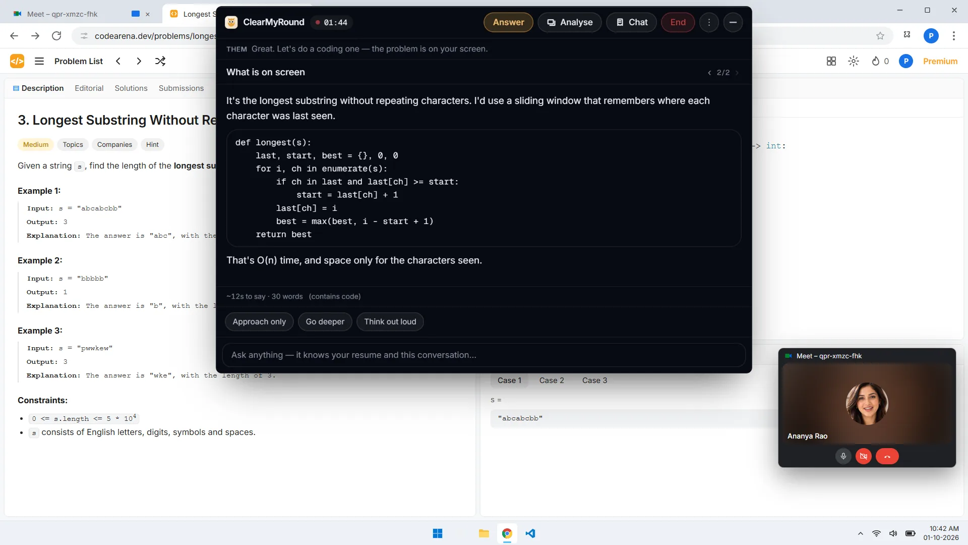 A coding interview on a shared screen, with the ClearMyRound panel showing the approach and the code